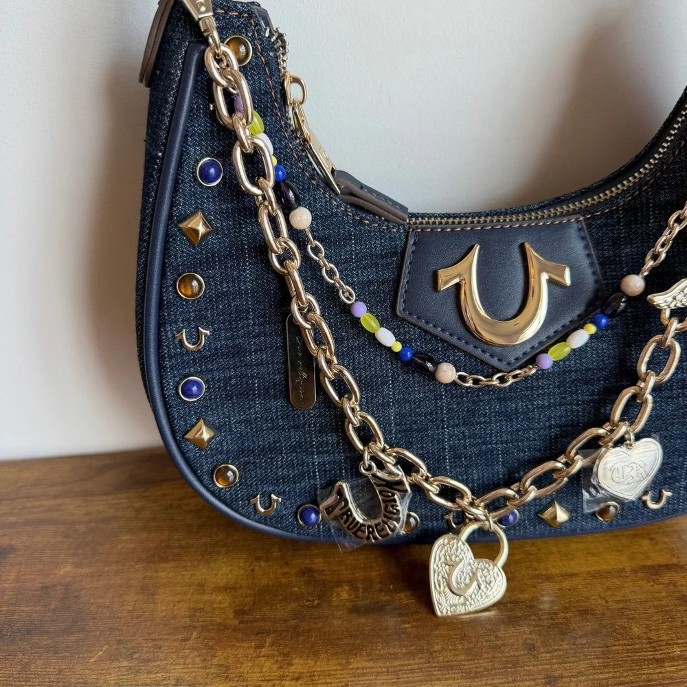 New True Religion Blue Denim Hobo Shoulder Handbag Wings Studded Beaded Charms